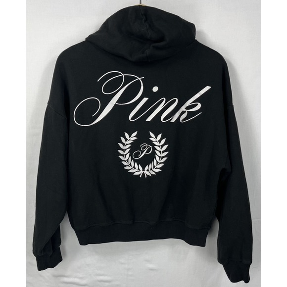 Victoria's Secret Tops - GUC Victoria's Secret PINK Womens Black Full Zip Hoodie Laurel Crest Logo Sz S